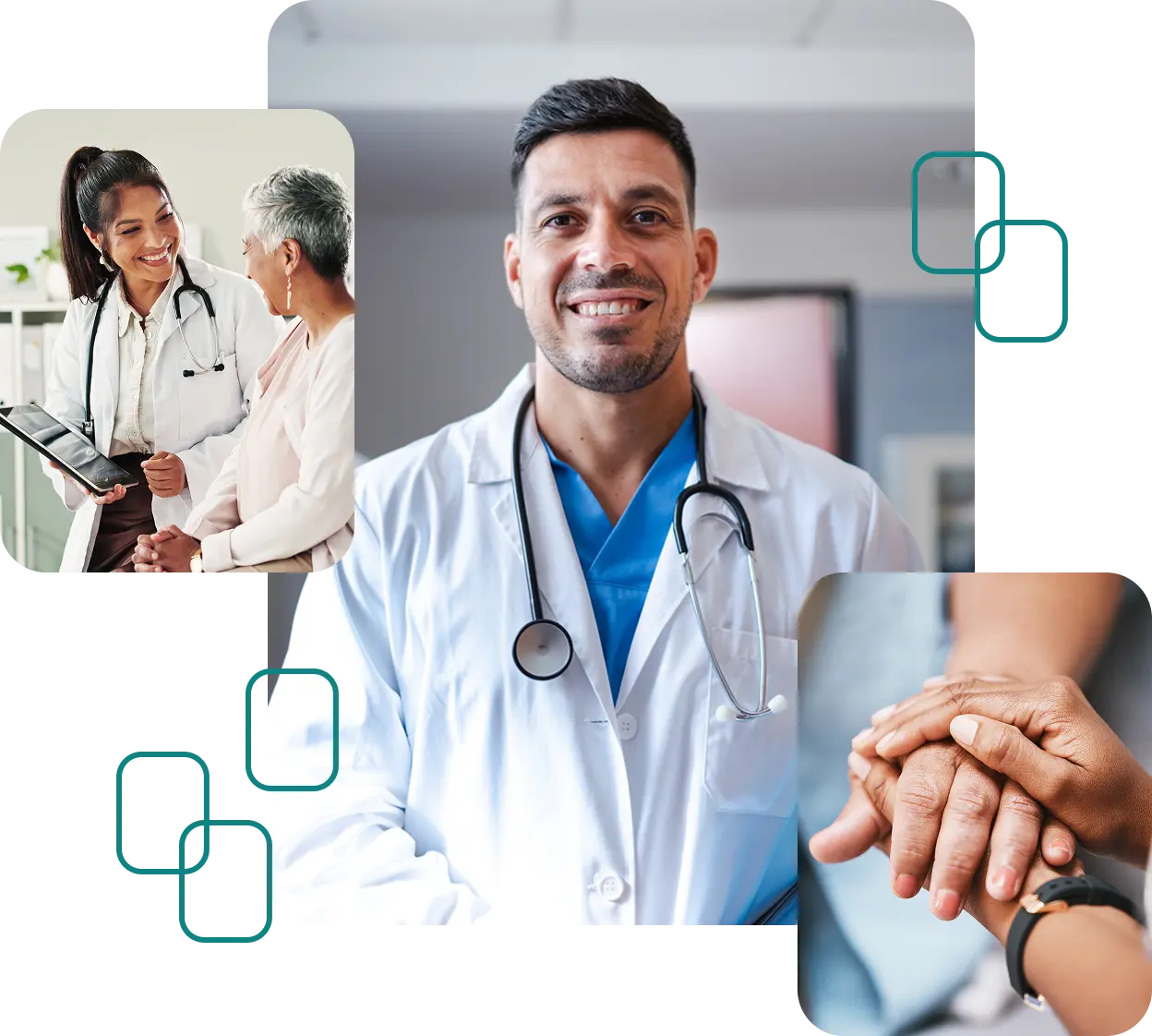 Doctor smiling in the center image, with smaller side images showing a doctor consulting with a patient and one person comforting another by holding their hand.